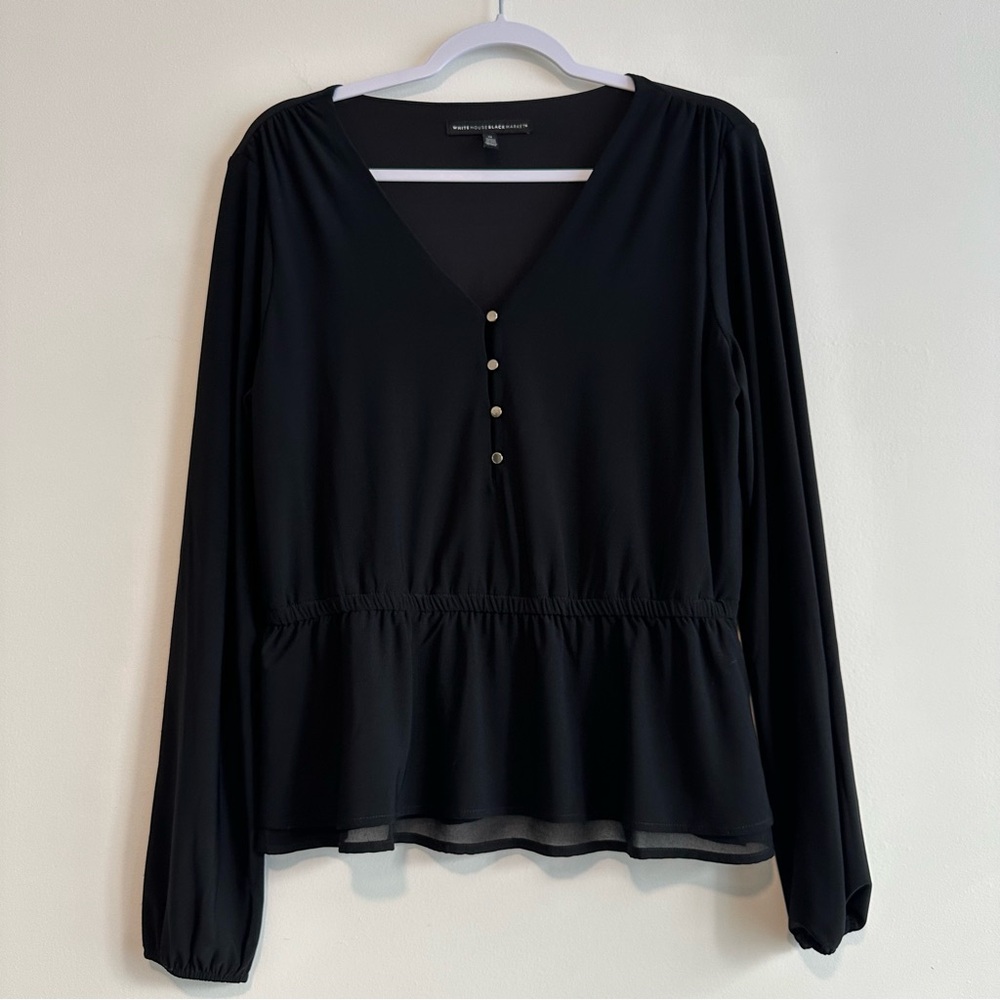 WHBM | Black Button Front Chiffon Long Sleeve Stretch Blouse Sz M - Picture 4 of 8